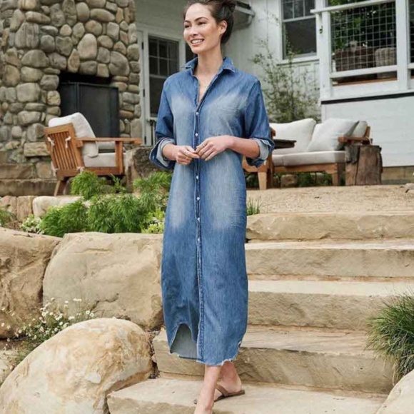 Frank & Eileen Rory Shirtdress Maxi Distressed Vintage Wash Denim L - Picture 7 of 8